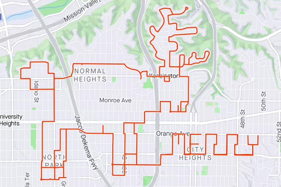 Strava map of route shaped like reindeer in San Diego, California.